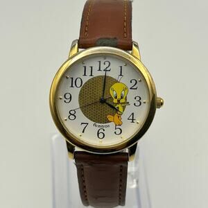 Vintage Armitron Tweety Bird Gold Brown Leather Watch Working New Battery